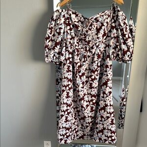 Floral Puff Sleeve Dress - Brown and White. New. L. Free Assembly. New. L